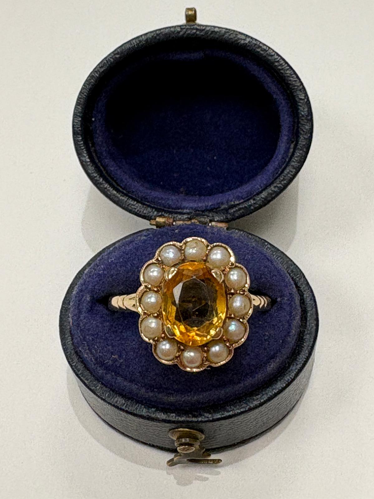 pre-loved citrine ring, vintage cluster ring, second hand 9ct gold ring UK, citrine pearl ring, pre-owned flowerhead ring, antique style citrine ring, vintage ring for sale UK, second hand fine jewellery UK, seed pearl cluster ring