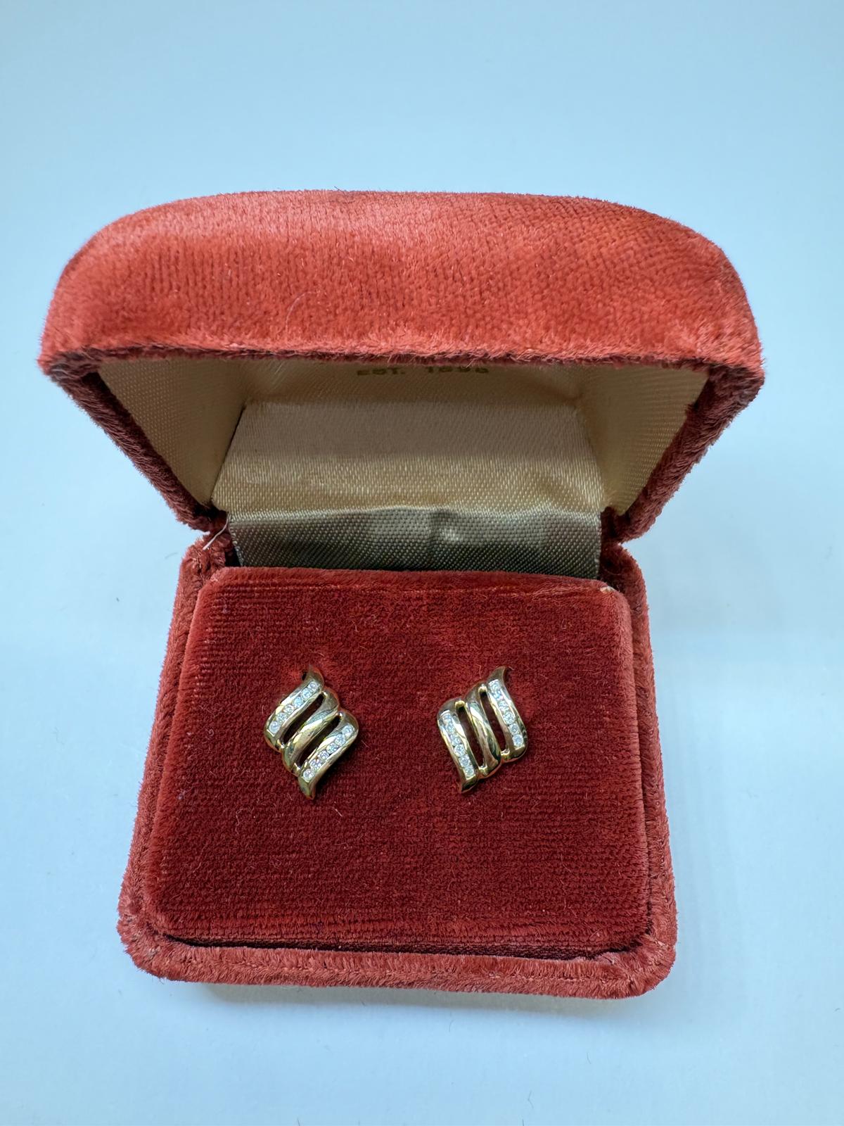 pre-loved diamond earrings, second hand 9ct gold earrings, diamond wave earrings, pre-owned gold earrings UK, channel set diamond studs