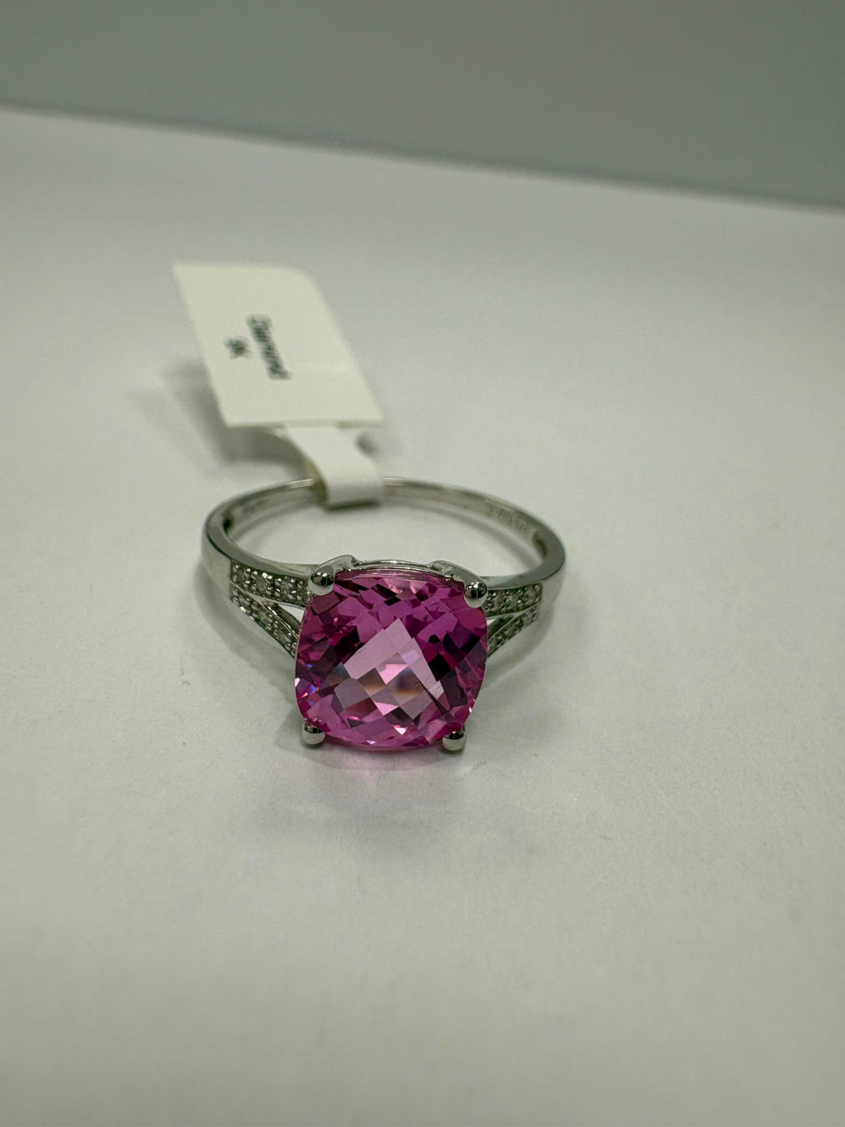pre-loved pink topaz ring, vintage cocktail ring, second hand 9ct white gold ring UK, pink gemstone ring, pre-owned statement ring, cushion cut pink topaz, vintage ring for sale UK, second hand fine jewellery UK, split shoulder diamond ring