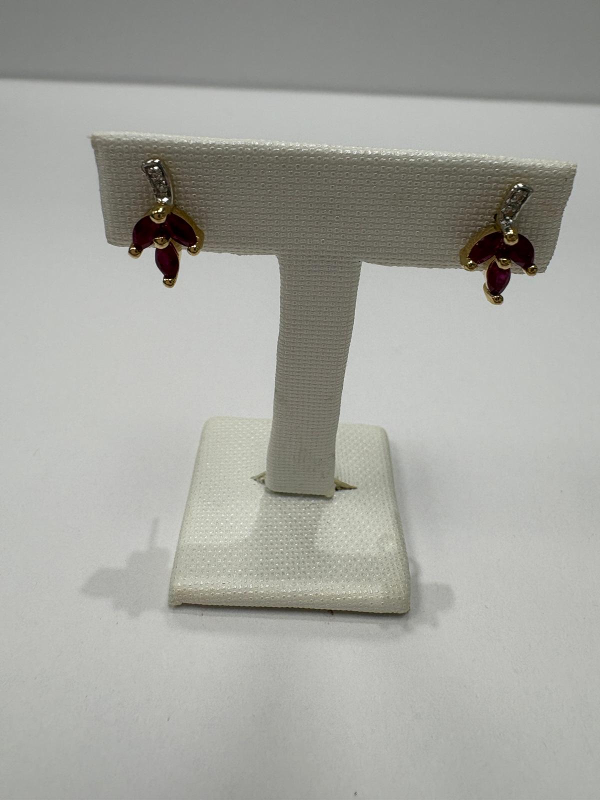 pre-loved ruby earrings, second hand 9ct gold earrings UK, ruby diamond flower earrings, marquise ruby studs, pre-owned gemstone earrings, second hand fine jewellery UK, red ruby earrings for sale UK
