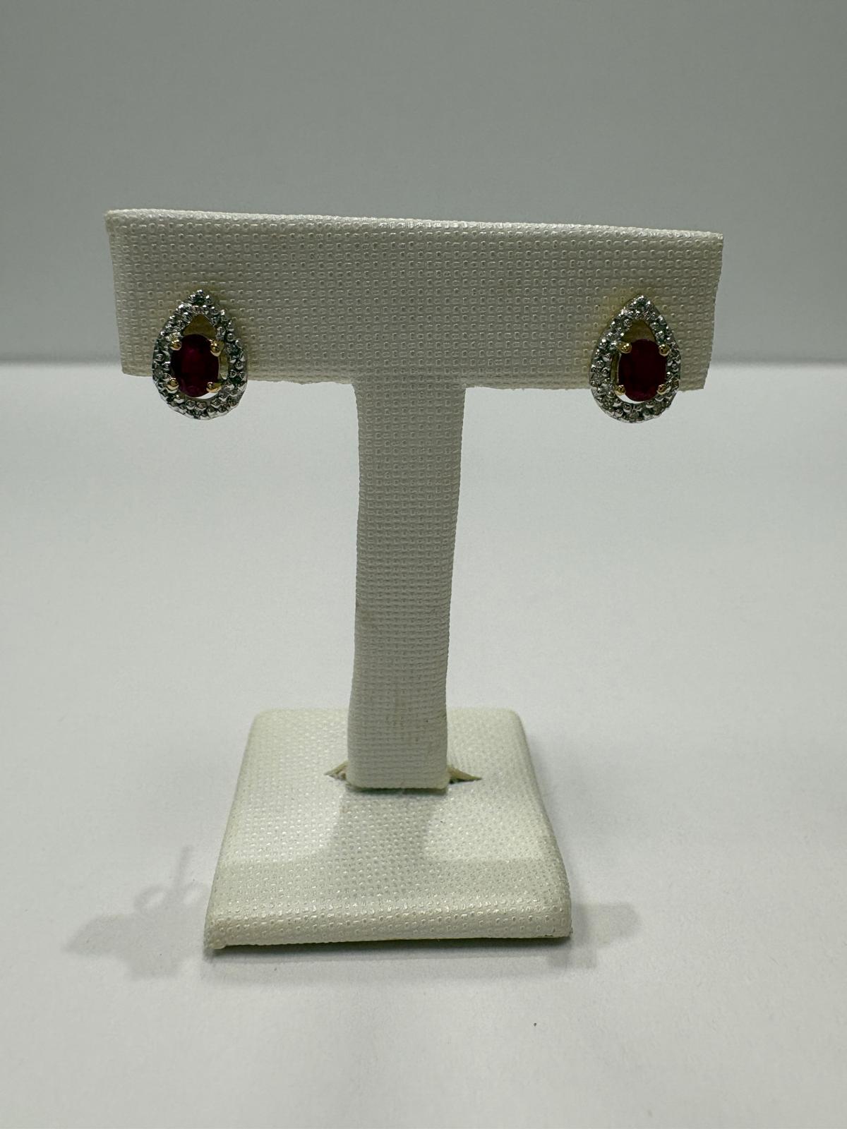 pre-loved ruby earrings, second hand 9ct gold earrings UK, ruby diamond halo earrings, pear shaped stud earrings, pre-owned gemstone earrings, second hand fine jewellery UK, ruby stud earrings for sale UK