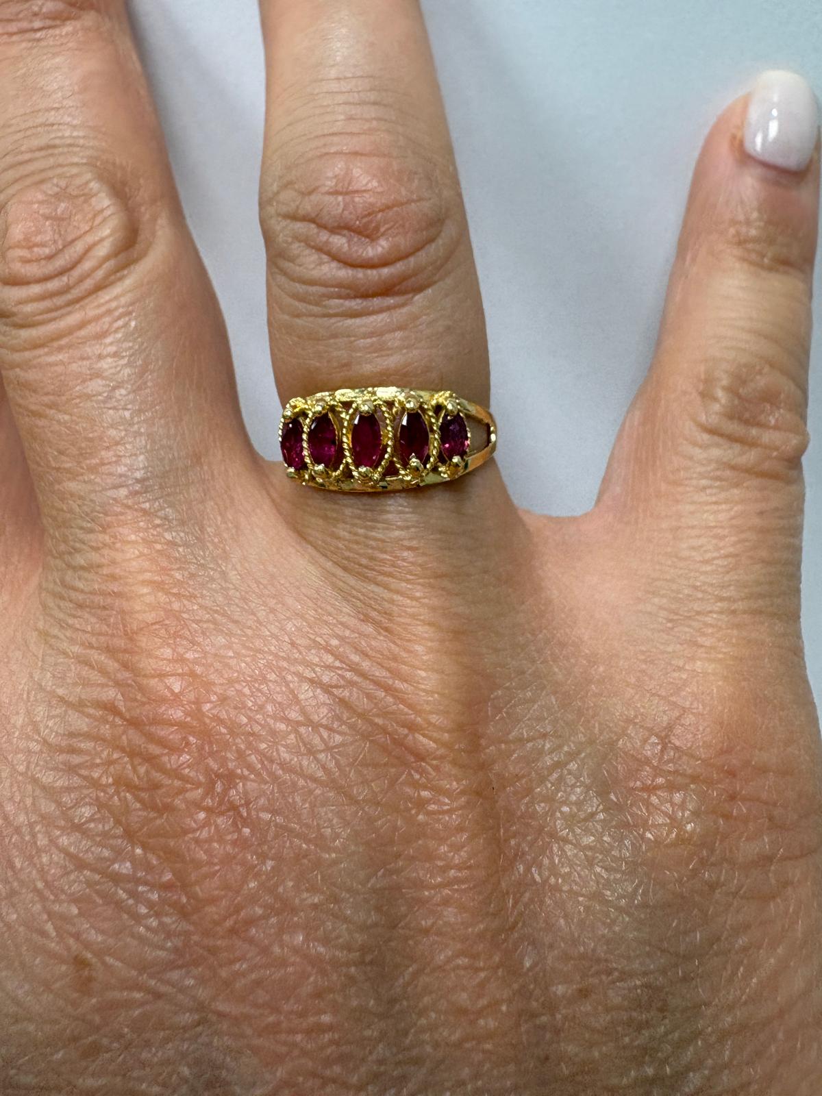 pre-loved ruby ring, vintage 15ct gold ring, antique gold ring UK, second hand five stone ring, Victorian ruby ring, pre-owned antique jewellery UK, vintage ring for sale UK, second hand fine jewellery UK, rare 15 carat gold ring
