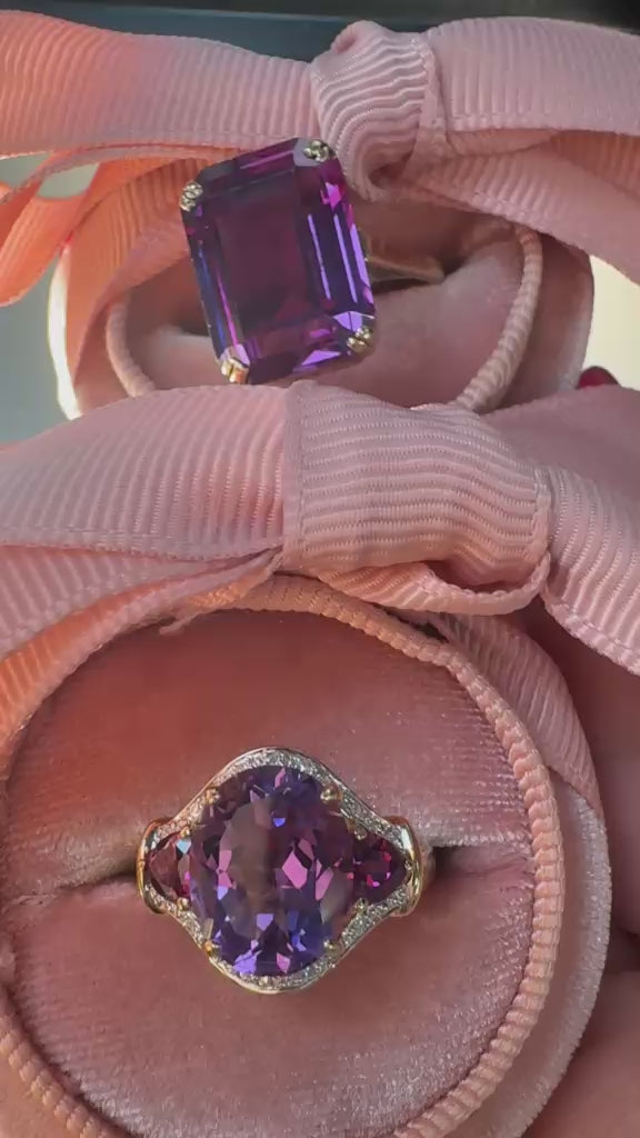 amethyst cocktail ring, large amethyst ring UK, 9ct gold amethyst ring, amethyst and pink sapphire ring, amethyst and diamond ring, pink sapphire cocktail ring, February birthstone ring, purple statement ring