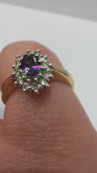 Second hand Oval Mystic Topaz cluster diamond ring Harrogate Jewellers UK 9k yellwo gold 