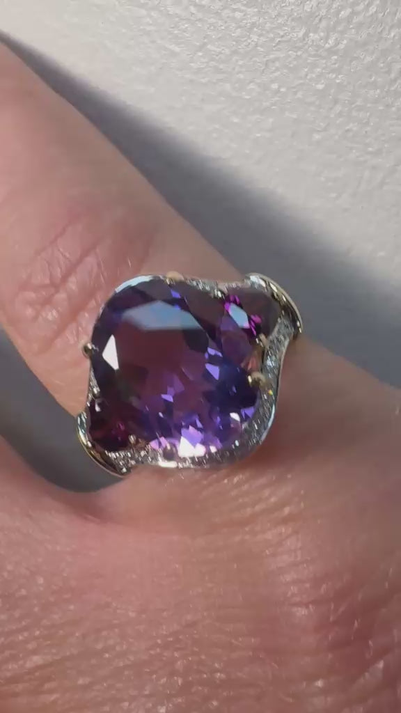 amethyst cocktail ring, large amethyst ring UK, 9ct gold amethyst ring, amethyst and pink sapphire ring, amethyst and diamond ring, pink sapphire cocktail ring, February birthstone ring, purple statement ring