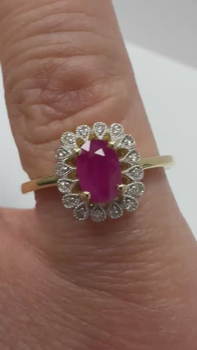 Second hand Unique oval ruby and diamond cluster 14k yellow gold, Harrogate Jewellers UK 