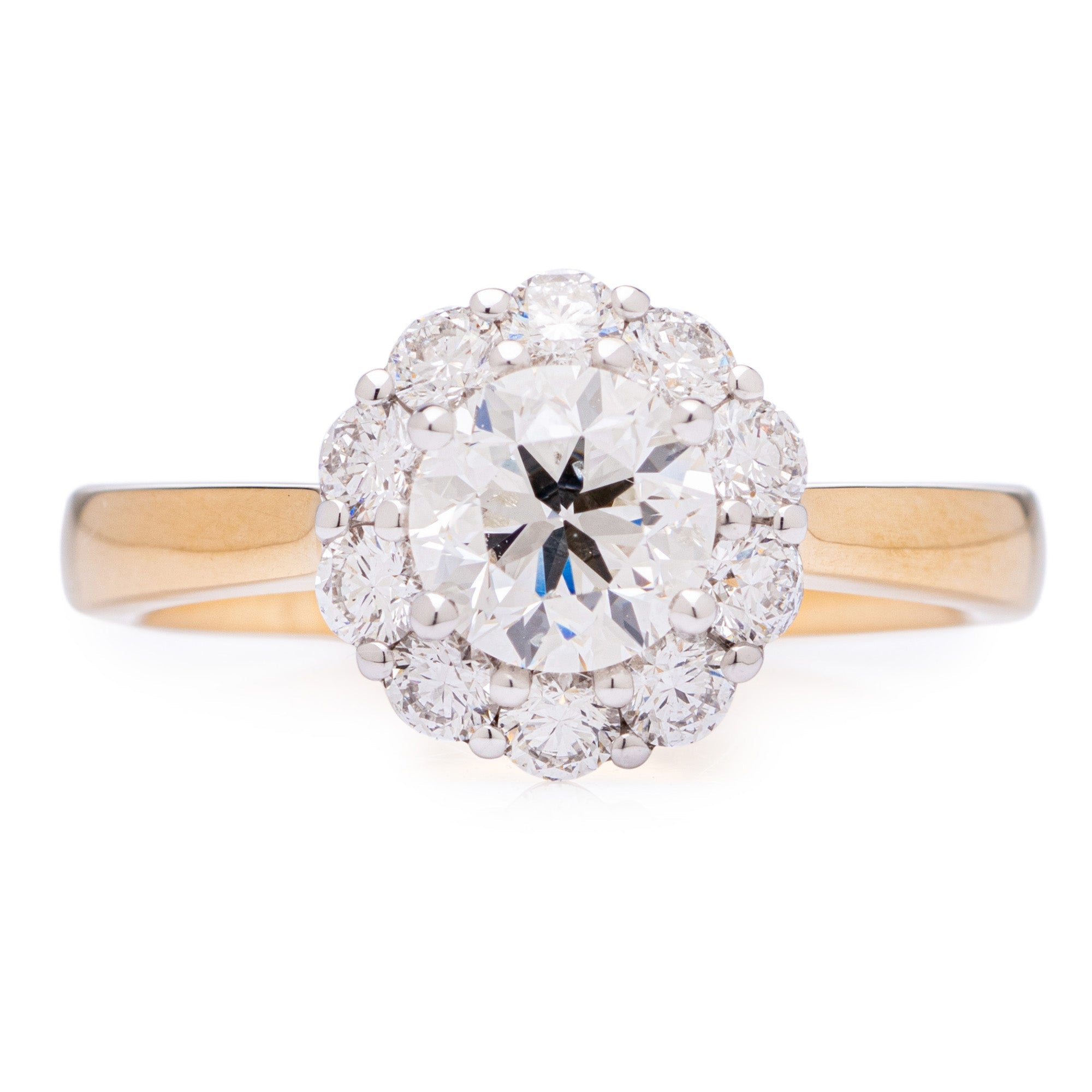 YELLOW GOLD ROUND BRILLIANT CUT DIAMOND CLUSTER ENGAGEMENT RING