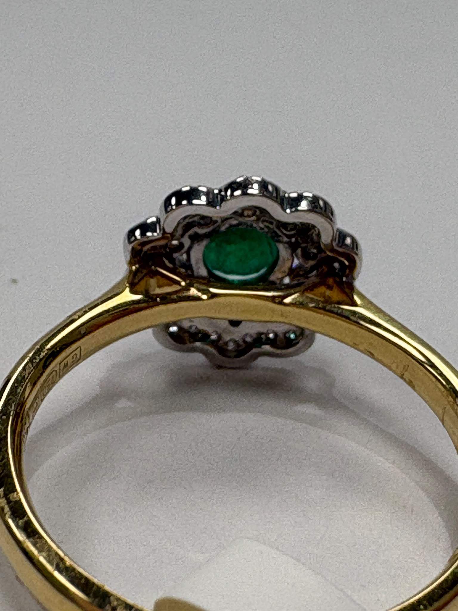 emerald diamond cluster ring, 18ct gold emerald ring, round emerald ring, emerald engagement ring alternative, pre-loved emerald ring UK, emerald cluster ring Harrogate, diamond halo emerald ring, second hand emerald ring size N