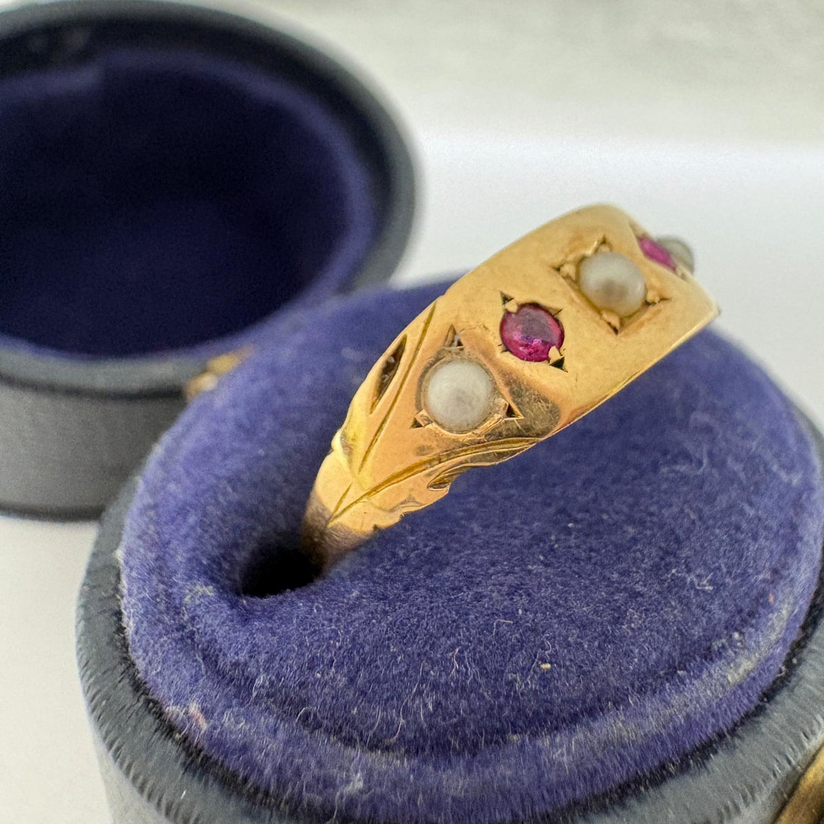 ruby and pearl ring, 9ct gold gypsy ring, seed pearl ring UK, Victorian style ring, five stone gypsy ring, ruby gypsy ring, pre-loved gold ring, July birthstone ring