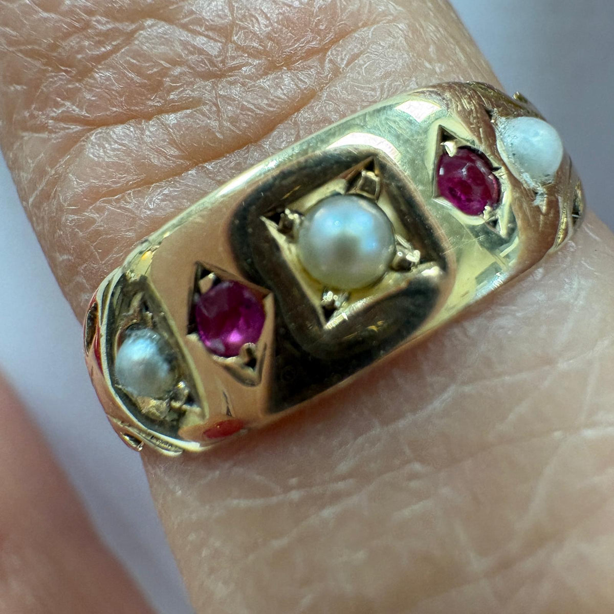 ruby and pearl ring, 9ct gold gypsy ring, seed pearl ring UK, Victorian style ring, five stone gypsy ring, ruby gypsy ring, pre-loved gold ring, July birthstone ring