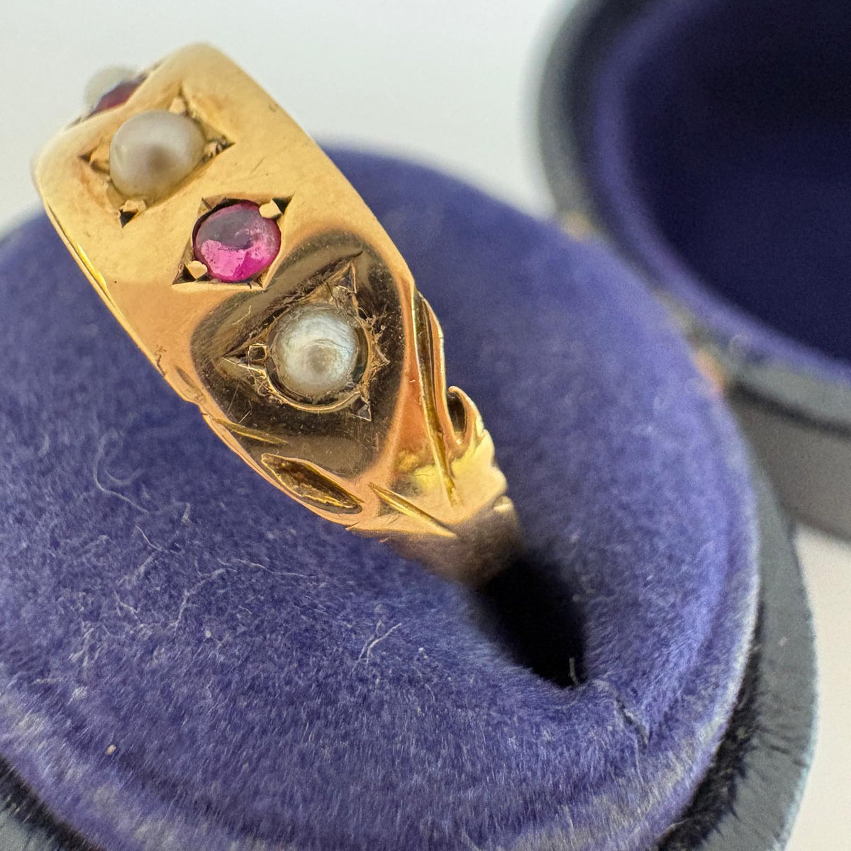 ruby and pearl ring, 9ct gold gypsy ring, seed pearl ring UK, Victorian style ring, five stone gypsy ring, ruby gypsy ring, pre-loved gold ring, July birthstone ring