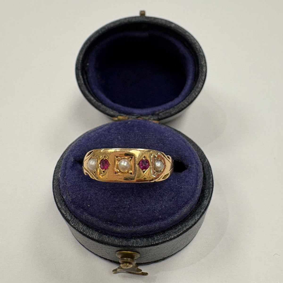 ruby and pearl ring, 9ct gold gypsy ring, seed pearl ring UK, Victorian style ring, five stone gypsy ring, ruby gypsy ring, pre-loved gold ring, July birthstone ring