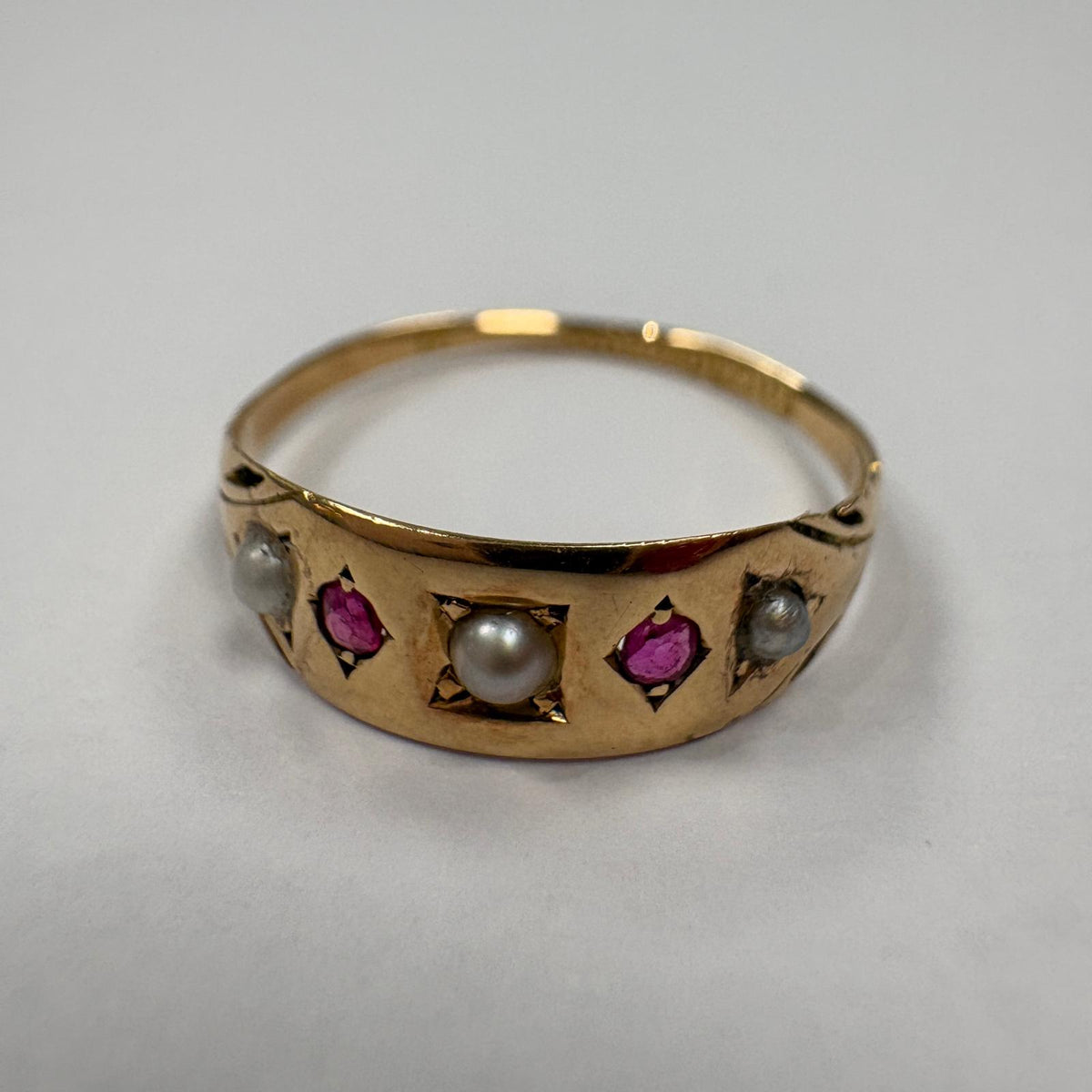 ruby and pearl ring, 9ct gold gypsy ring, seed pearl ring UK, Victorian style ring, five stone gypsy ring, ruby gypsy ring, pre-loved gold ring, July birthstone ring