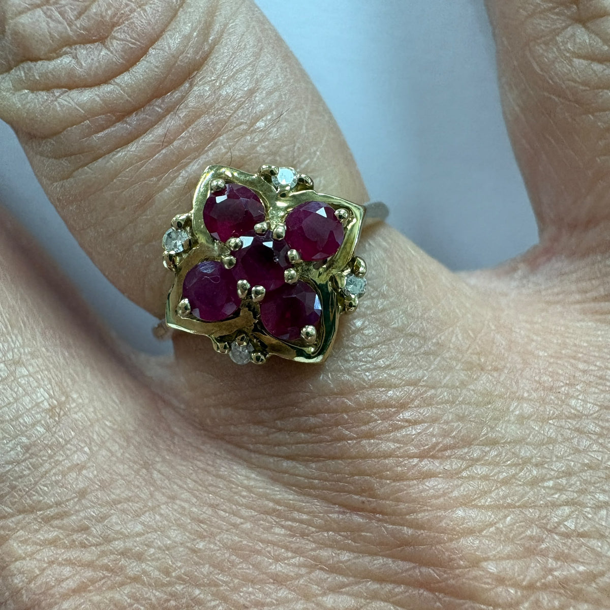 ruby cluster ring, ruby and diamond ring UK, 9ct gold ruby ring, ruby cocktail ring, ruby anniversary ring, July birthstone ring, pre-loved ruby ring, second hand ruby ring
