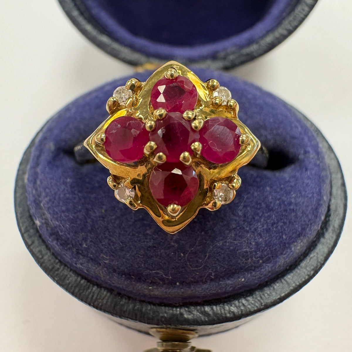 ruby cluster ring, ruby and diamond ring UK, 9ct gold ruby ring, ruby cocktail ring, ruby anniversary ring, July birthstone ring, pre-loved ruby ring, second hand ruby ring