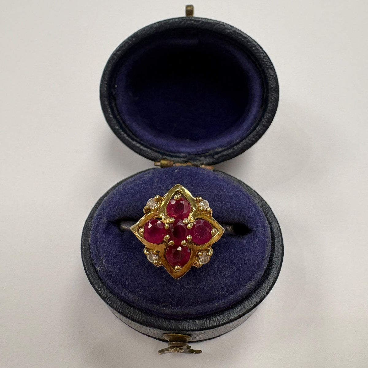 ruby cluster ring, ruby and diamond ring UK, 9ct gold ruby ring, ruby cocktail ring, ruby anniversary ring, July birthstone ring, pre-loved ruby ring, second hand ruby ring