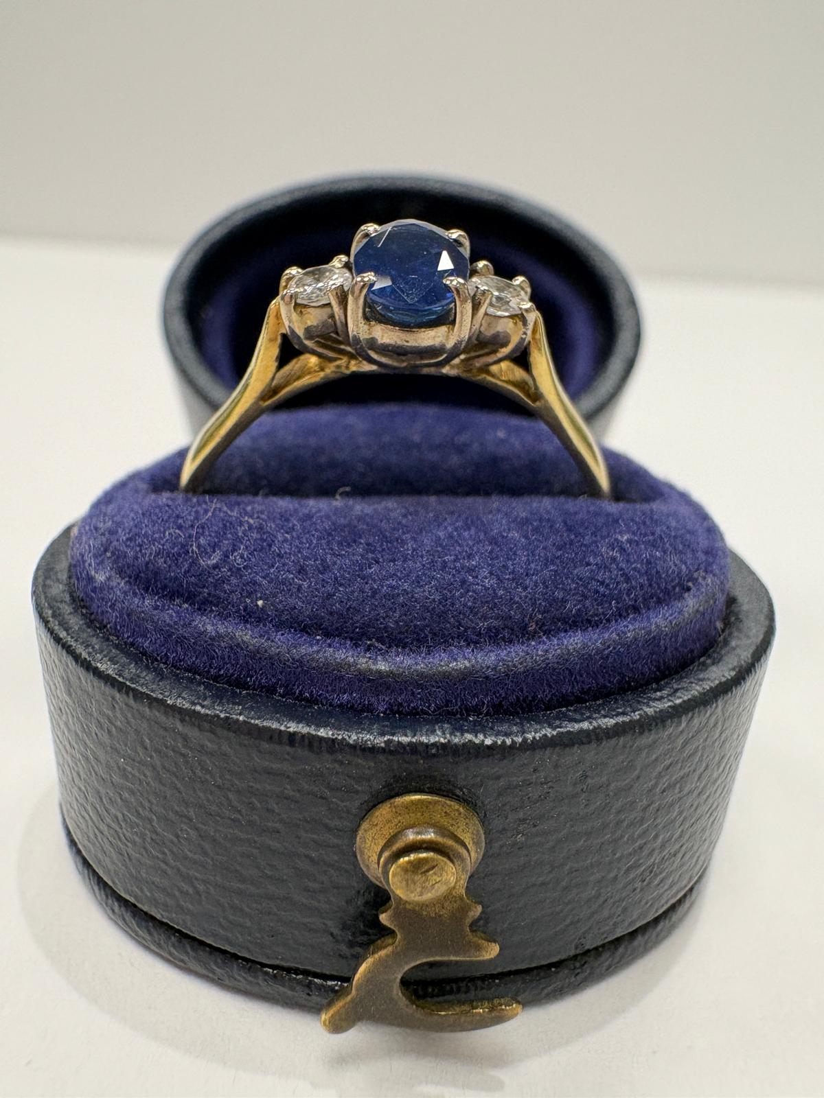 sapphire and diamond ring, three stone sapphire ring, 18ct gold sapphire ring, second hand sapphire ring UK, pre-loved sapphire ring, vintage sapphire ring, oval sapphire ring, September birthstone ring, sapphire trilogy ring, second hand jewellery Harrogate, second hand jewellery Leeds, second hand jewellery York, second hand jewellery Yorkshire, pre-owned sapphire ring UK,