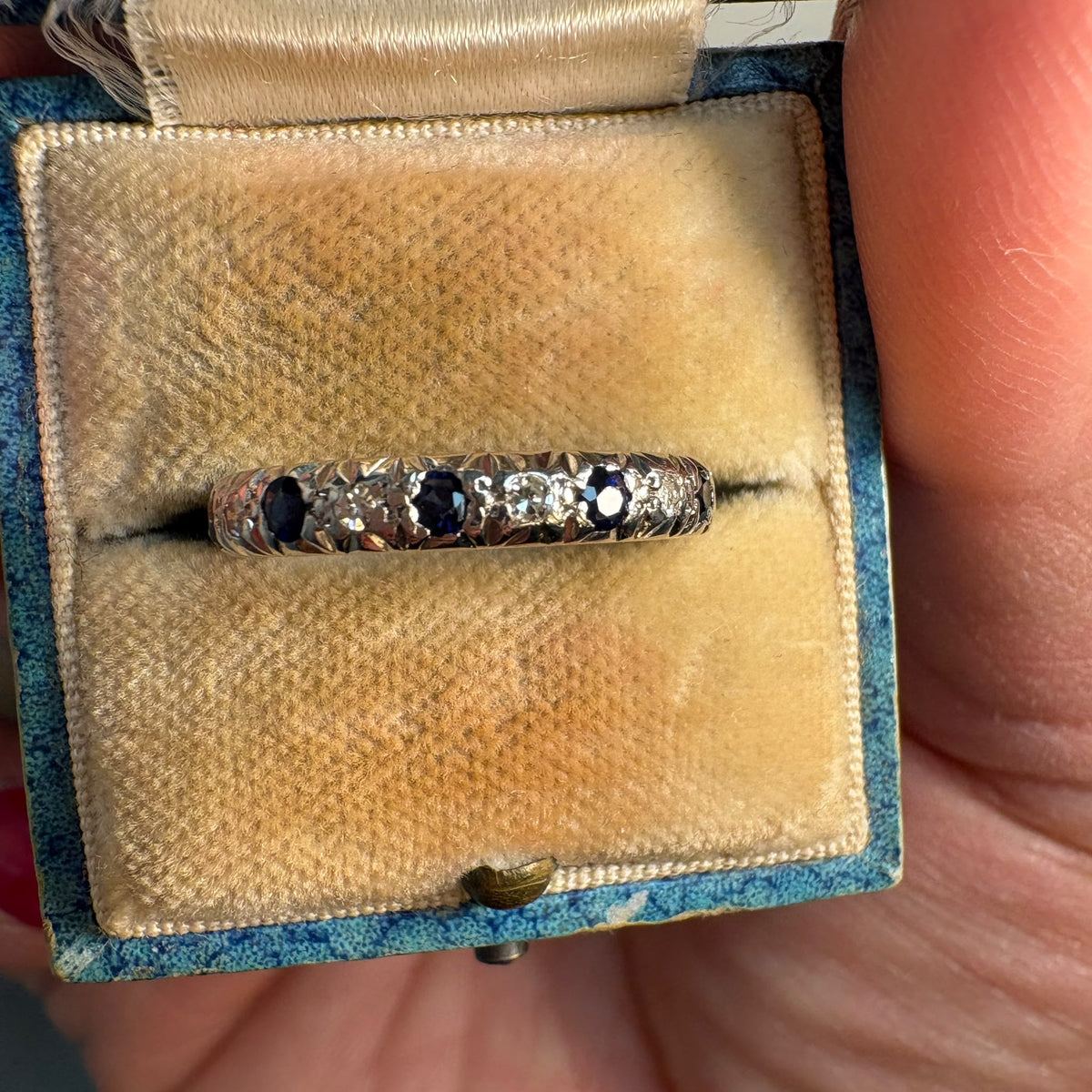 sapphire half eternity ring, vintage eternity ring UK, 18ct white gold sapphire ring, sapphire and diamond band, vintage wedding band, old cut diamond eternity ring, star set eternity ring, stacking sapphire ring