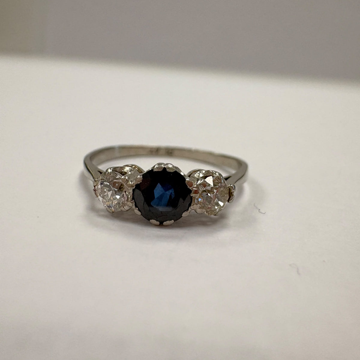 Art Deco sapphire ring, old cut diamond ring UK, vintage platinum engagement ring, antique sapphire and diamond ring, three stone vintage ring, old European cut diamond, 1920s engagement ring, vintage trilogy ring