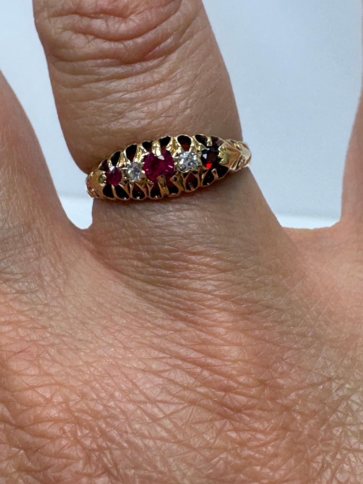 Edwardian ruby diamond ring, antique 18ct gold ring Birmingham hallmark, vintage five stone ring 1911, pre-loved antique engagement ring Harrogate, genuine Edwardian jewellery Yorkshire