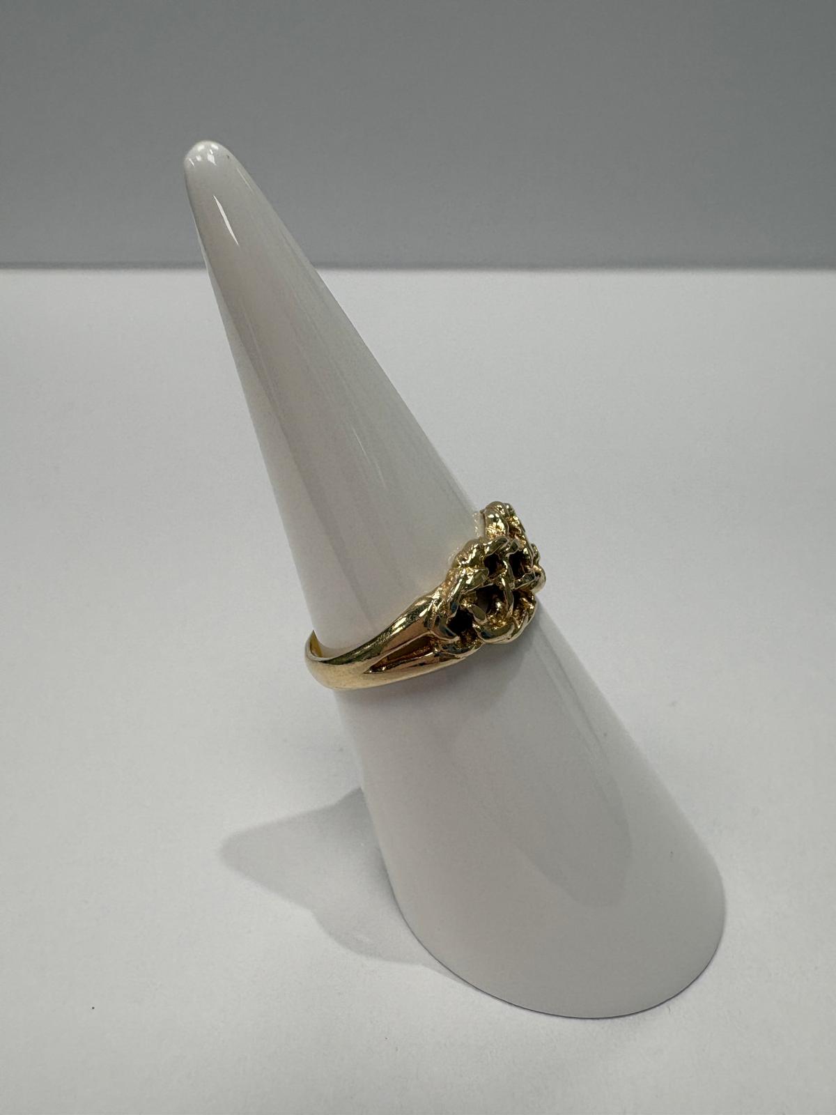 Preloved 9ct yellow gold keeper knot ring size N 2.50g with open lattice and filigree underside shown on ring cone and close up on white background, available at Fogal & Barnes Harrogate