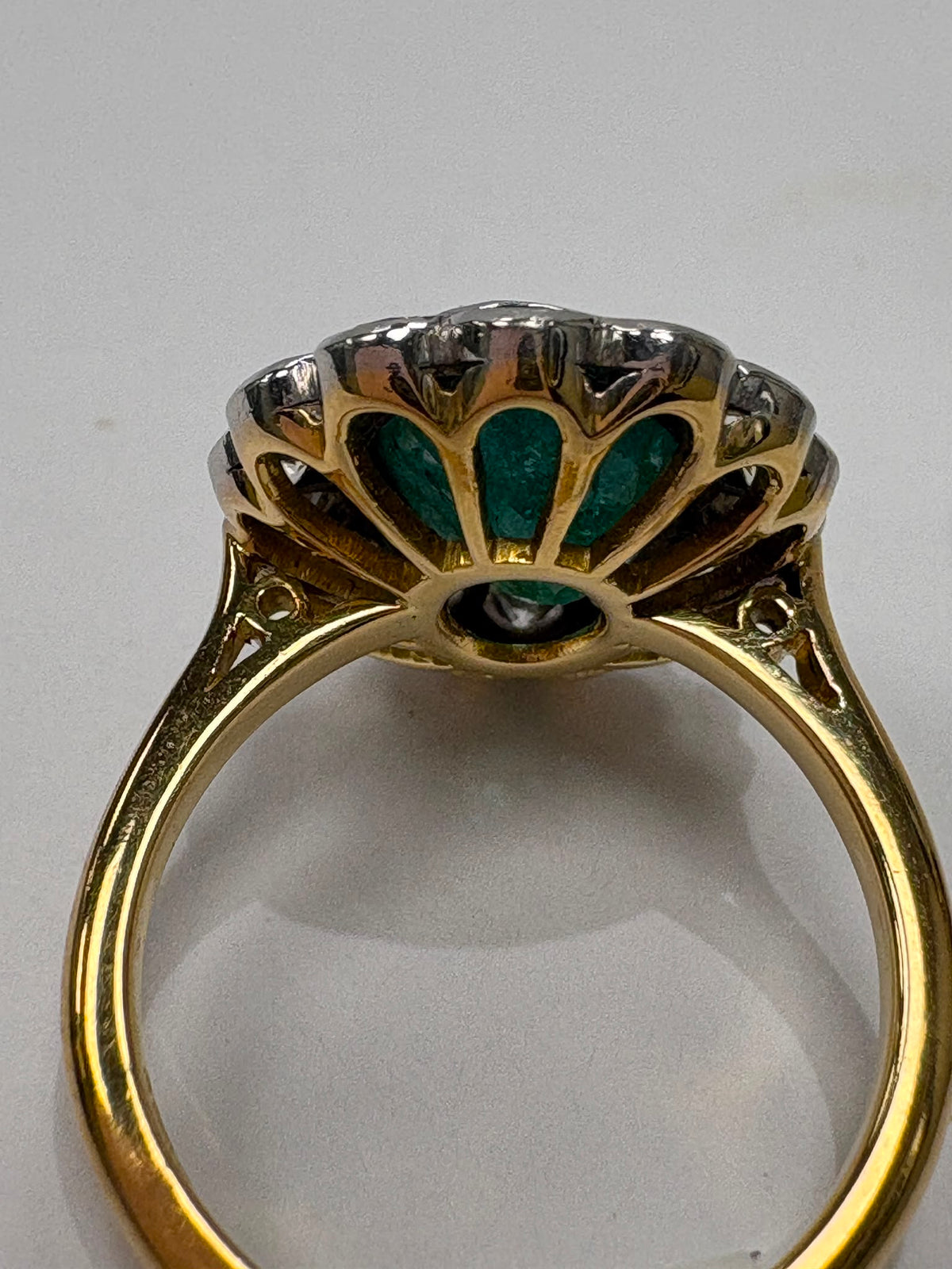 Substantial emerald and diamond cluster ring, 2.40ct emerald, 0.98ct diamonds, 18ct gold, size N. Pre-loved, excellent condition. Visit our Harrogate showroom.