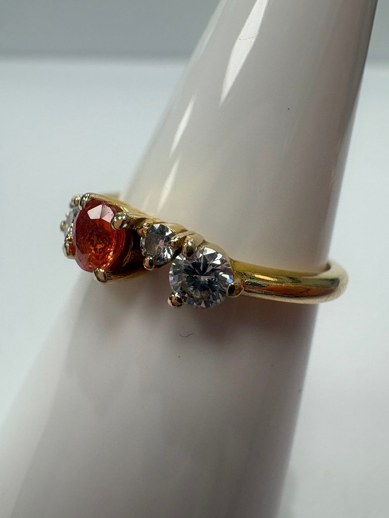 orange sapphire ring, moissanite ring 18ct gold, pre-loved coloured gemstone ring, second hand sapphire ring Harrogate, five stone gemstone ring Yorkshire