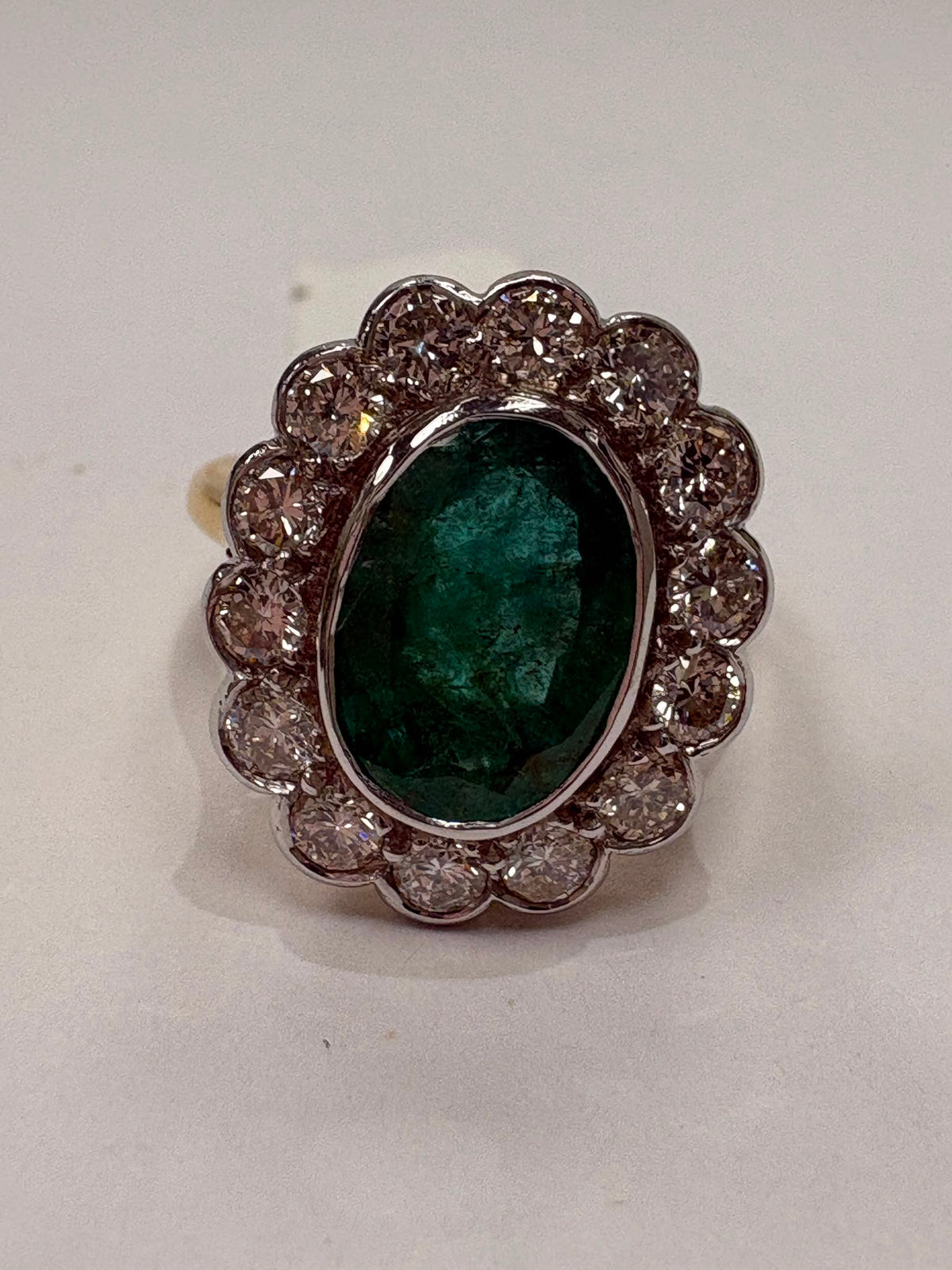 Substantial emerald and diamond cluster ring, 2.40ct emerald, 0.98ct diamonds, 18ct gold, size N. Pre-loved, excellent condition. Visit our Harrogate showroom.