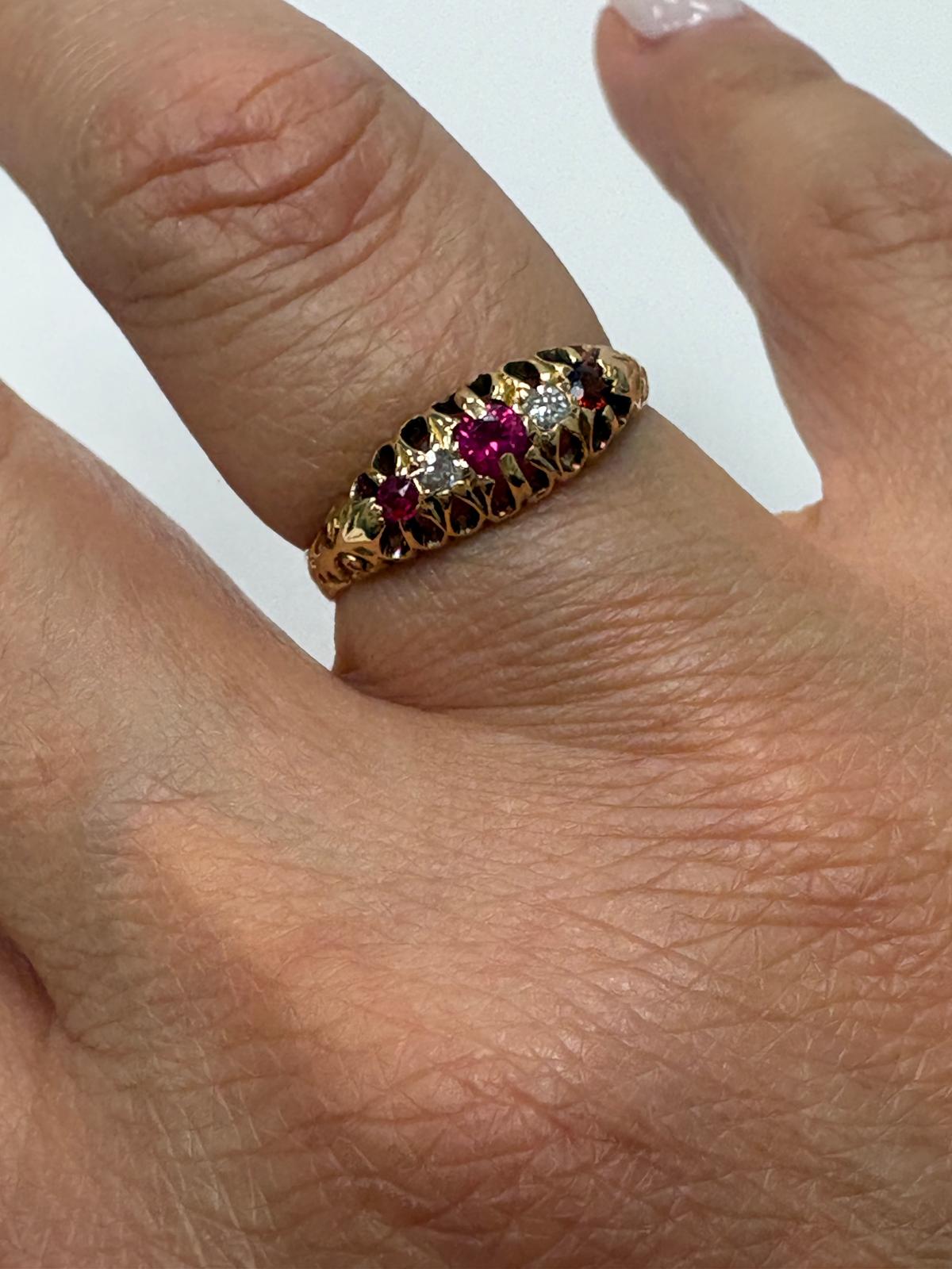 Edwardian ruby diamond ring, antique 18ct gold ring Birmingham hallmark, vintage five stone ring 1911, pre-loved antique engagement ring Harrogate, genuine Edwardian jewellery Yorkshire