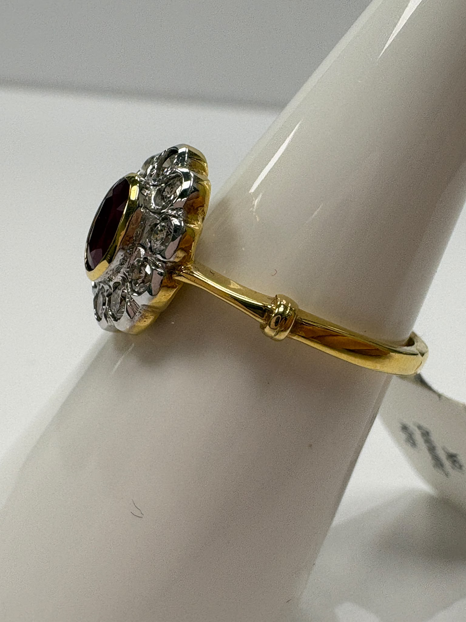 vintage ruby diamond ring, 18ct gold ruby cluster ring, oval ruby ring, ruby engagement ring alternative, pre-loved ruby ring UK, vintage cluster ring Harrogate, diamond halo ruby ring, second hand ruby ring size N