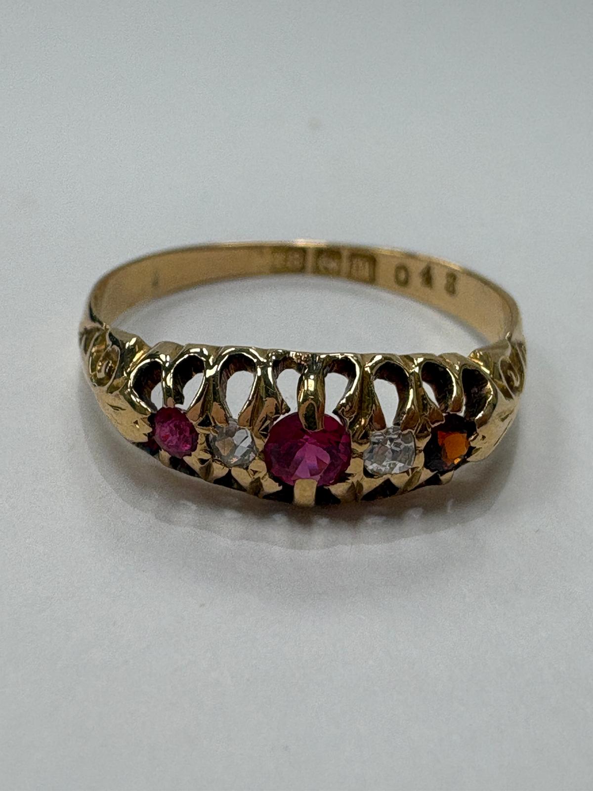 Edwardian ruby diamond ring, antique 18ct gold ring Birmingham hallmark, vintage five stone ring 1911, pre-loved antique engagement ring Harrogate, genuine Edwardian jewellery Yorkshire