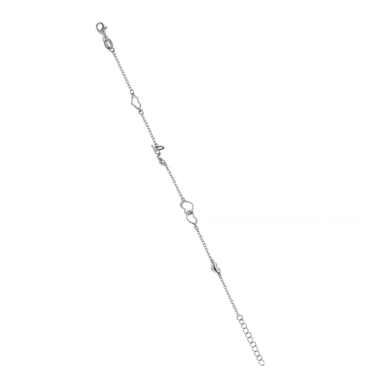 Sterling silver Love and Heart charm bracelet with adjustable 17+3cm chain, polished finish.