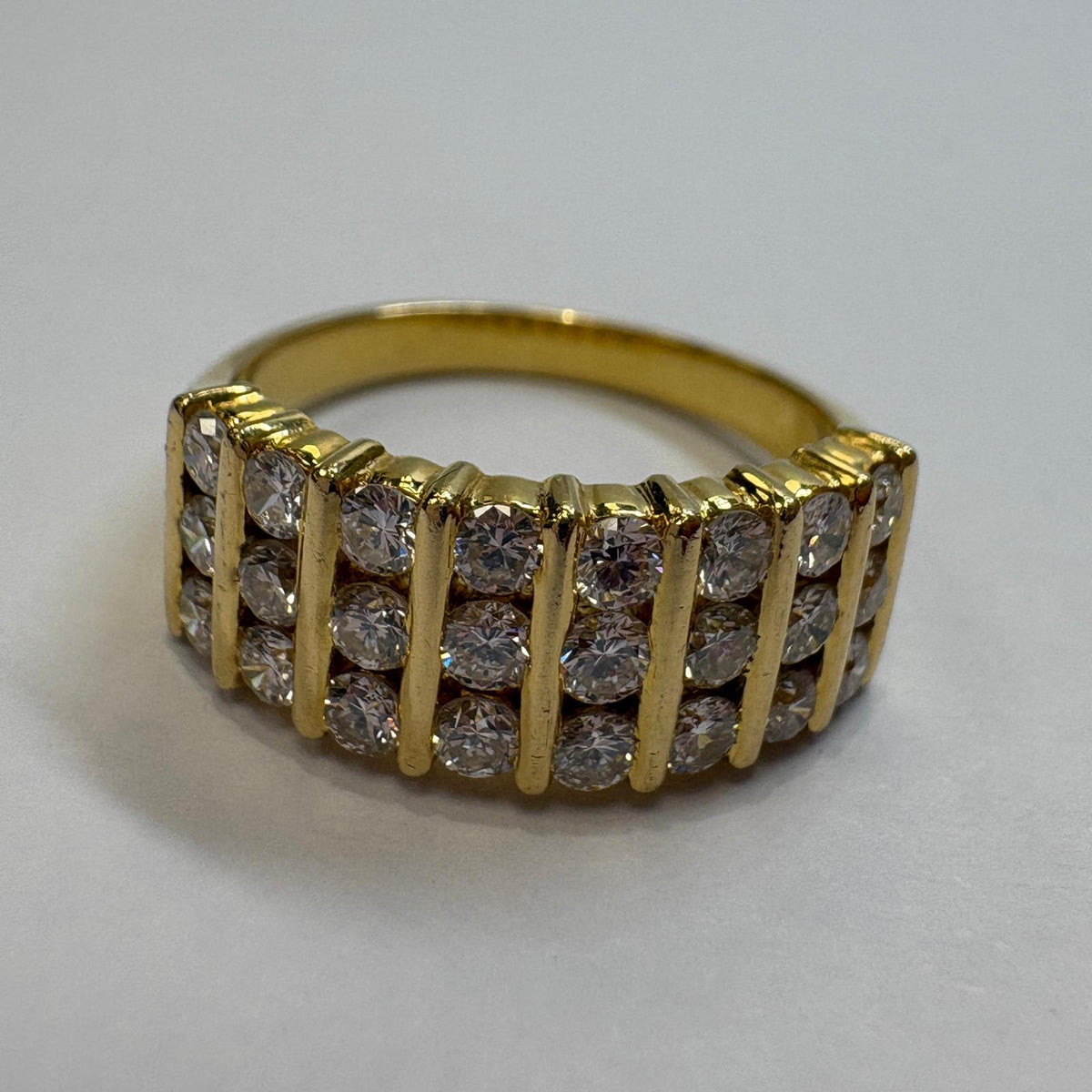 three row diamond ring, 18ct gold diamond band, 1.20ct diamond ring, multi row diamond ring UK, pre-loved diamond ring, anniversary diamond ring, wide diamond band ring, yellow gold diamond ring