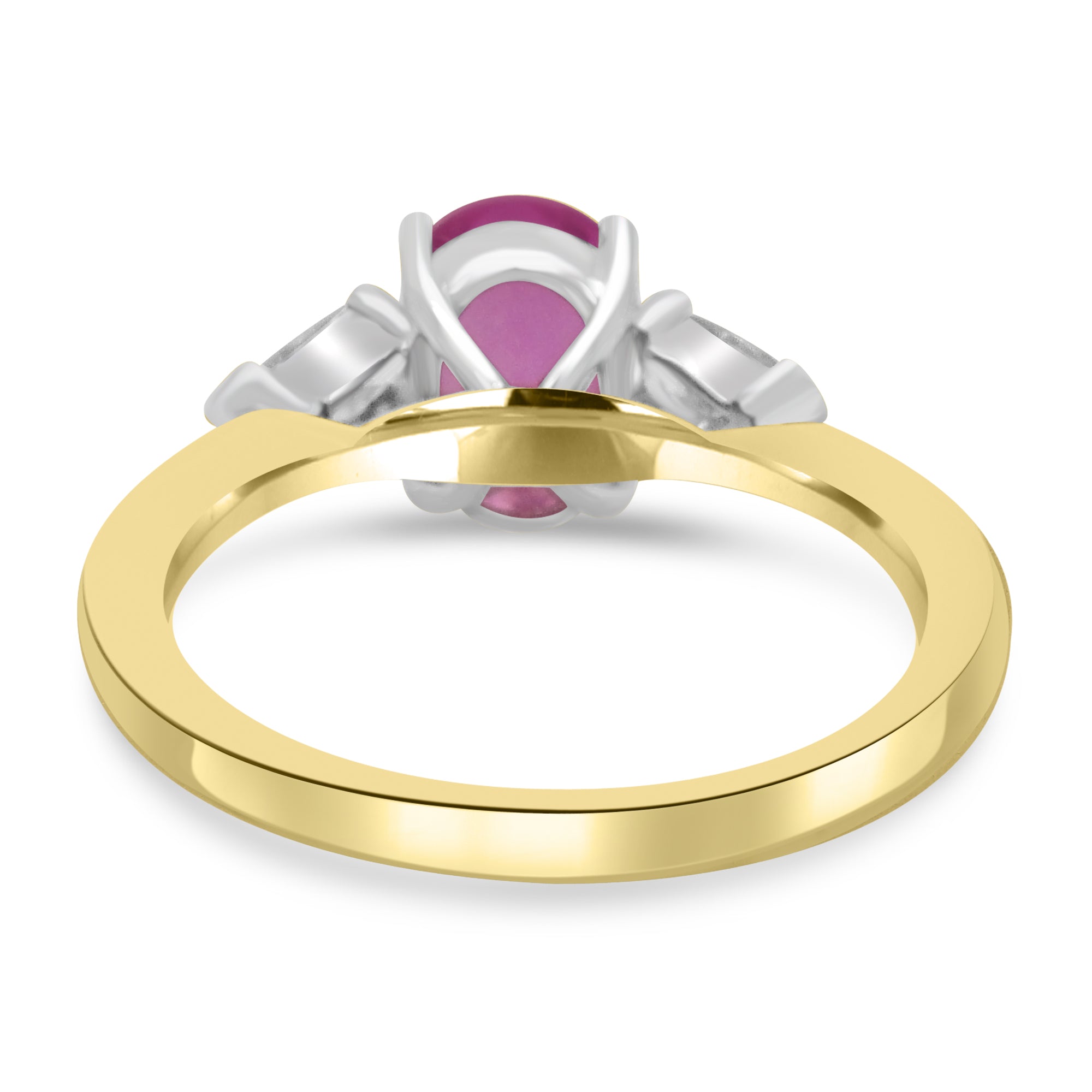 oval pink sapphire and diamond three stone engagement ring. set on 18k white and yellow gold from Fogal and Barnes fine jewellers of Harrogate. 