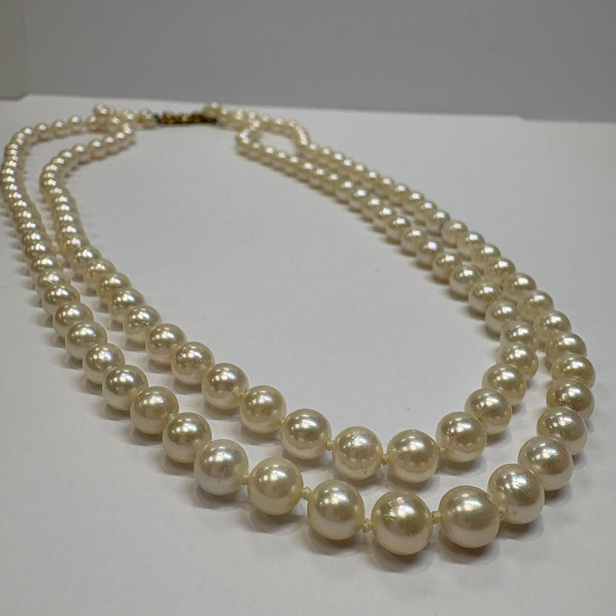 vintage Akoya pearl necklace, double strand Akoya pearls, 1970s pearl necklace, graduated pearl necklace UK, vintage bridal pearls, something old bridal jewellery, pre-loved pearl necklace, pearl necklace gold clasp
