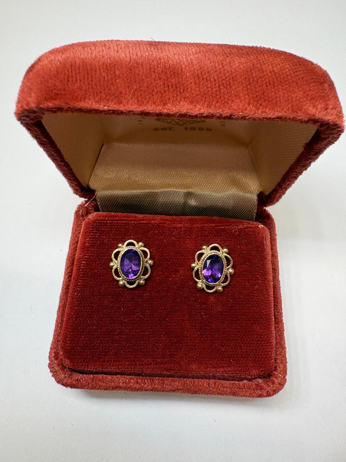 vintage amethyst earrings, pre-loved gold amethyst studs, second hand 9ct gold earrings UK, antique style amethyst earrings, purple gemstone studs