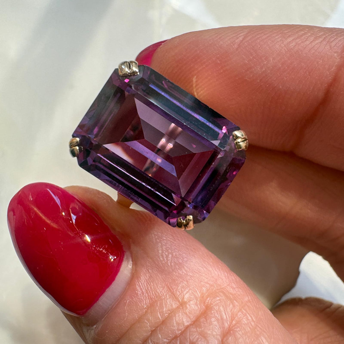 vintage amethyst ring, emerald cut amethyst ring, large amethyst ring UK, 9ct gold amethyst ring, amethyst cocktail ring, February birthstone ring, vintage cocktail ring UK, pre-loved amethyst ring