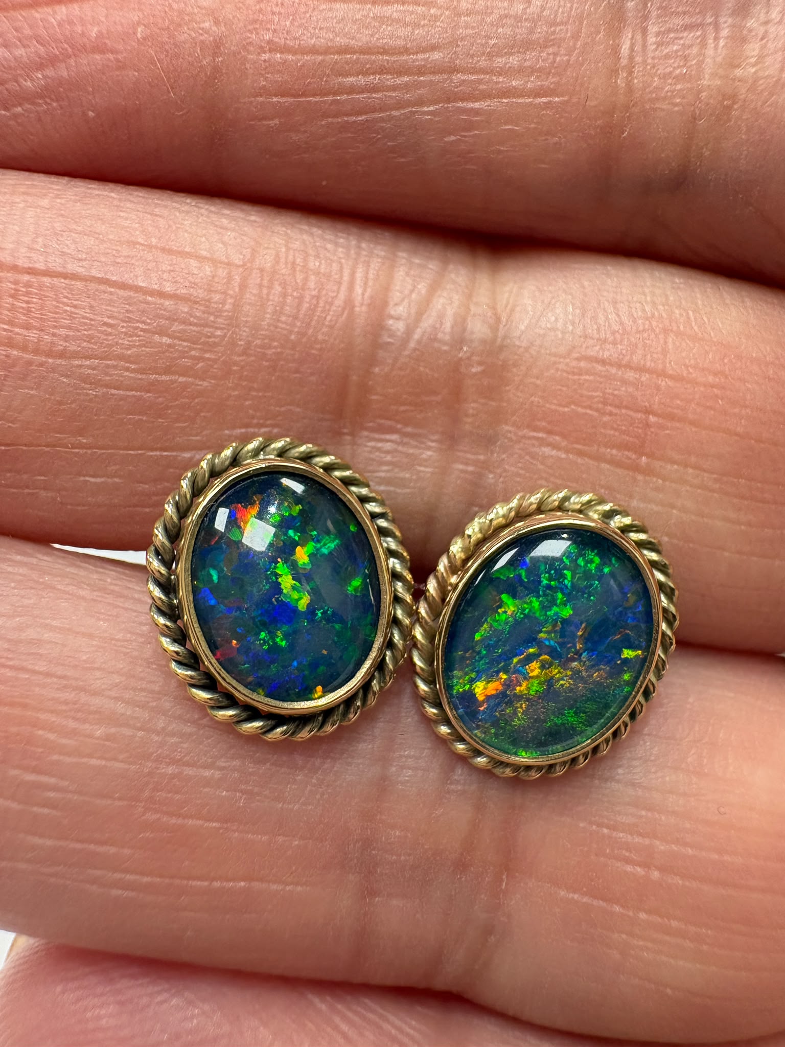 vintage opal earrings, black opal stud earrings, pre-loved gold opal earrings, second hand 9ct gold earrings UK, antique style opal studs