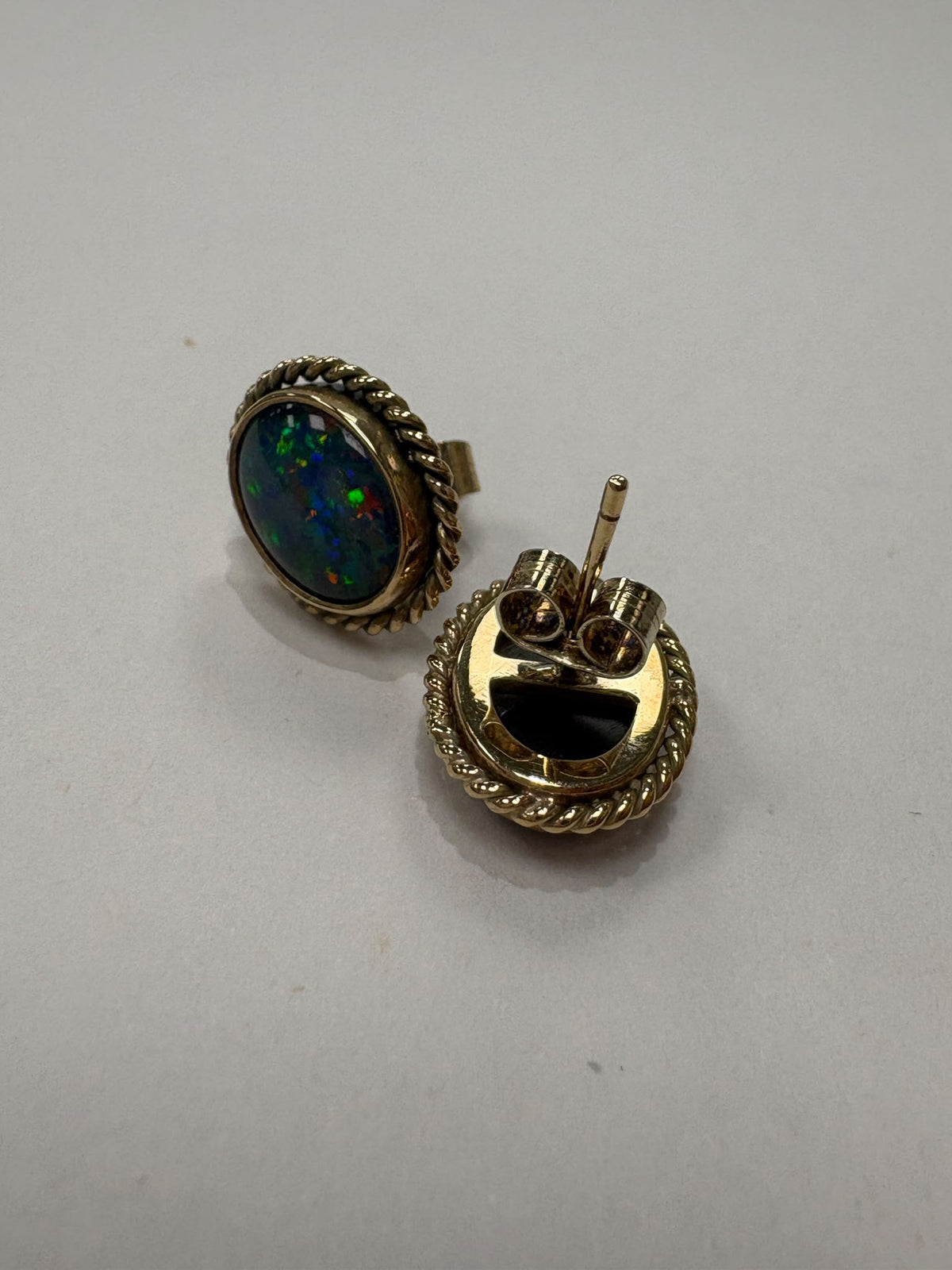 vintage opal earrings, black opal stud earrings, pre-loved gold opal earrings, second hand 9ct gold earrings UK, antique style opal studs