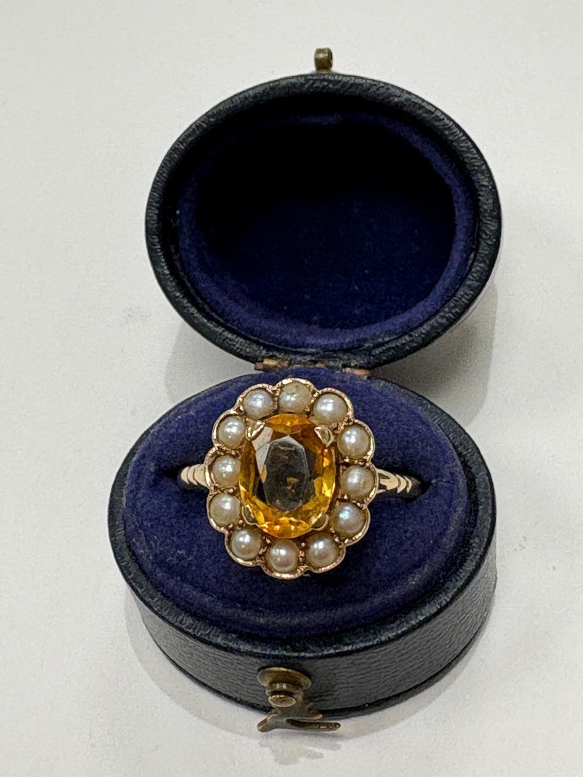 pre-loved citrine ring, vintage cluster ring, second hand 9ct gold ring UK, citrine pearl ring, pre-owned flowerhead ring, antique style citrine ring, vintage ring for sale UK, second hand fine jewellery UK, seed pearl cluster ring