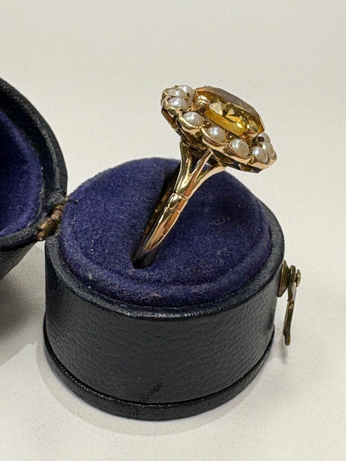 pre-loved citrine ring, vintage cluster ring, second hand 9ct gold ring UK, citrine pearl ring, pre-owned flowerhead ring, antique style citrine ring, vintage ring for sale UK, second hand fine jewellery UK, seed pearl cluster ring