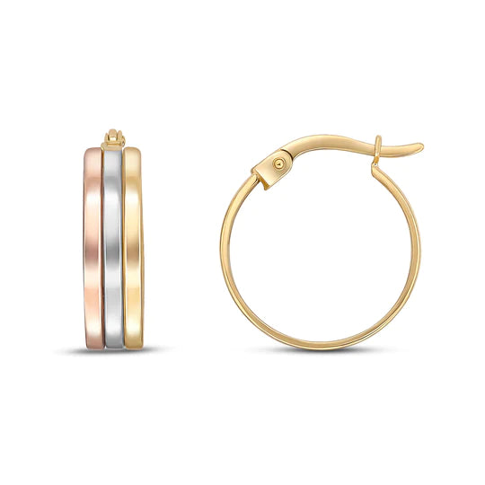 9CT THREE TONE YELLOW , WHITE AND ROSE GOLD THREE ROW FLAT HOOP EARRINGS