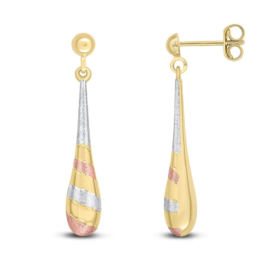 9CT YELLOW, WHITE AND ROSE GOLD STRIPED TORPEDO DROP EARRINGS