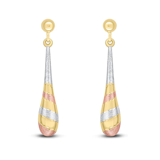 9CT YELLOW, WHITE AND ROSE GOLD STRIPED TORPEDO DROP EARRINGS