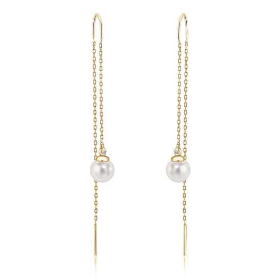 DIAMOND AND PEARL PULL THROUGH GOLD EARRINGS