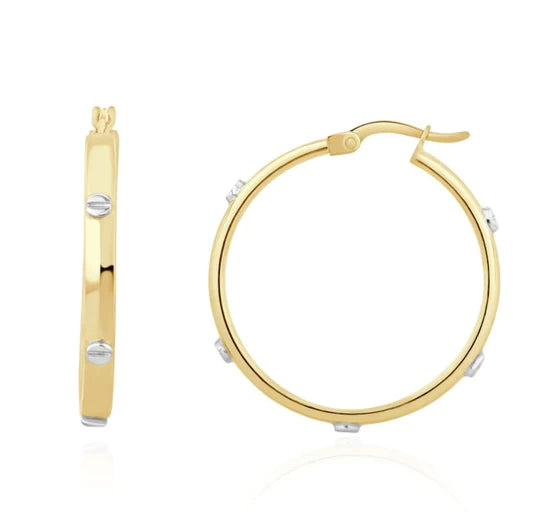 TWO TONE YELLOW/WHITE GOLD HOOP EARRINGS WITH SCREWS