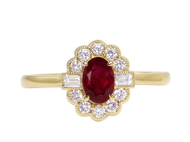 Stunning oval Ruby and diamond cluster ring millegrain setting yellow gold Harrogate jewellers Fogal and barnes 