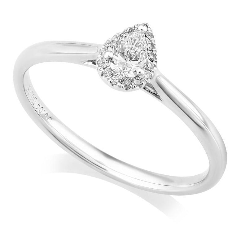 Pear cut diamond ring round brilliant diamond halo platinum harrogate jewellers fogal and barnes 