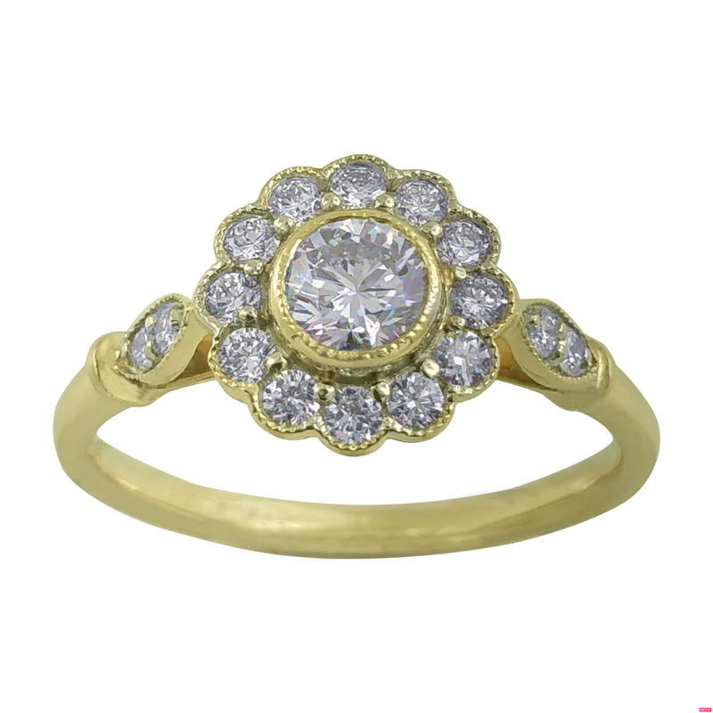 Edwardian inspired diamond engagement ring flower cluster design yellow gold Harrogate jewellers Fogal and barnes 