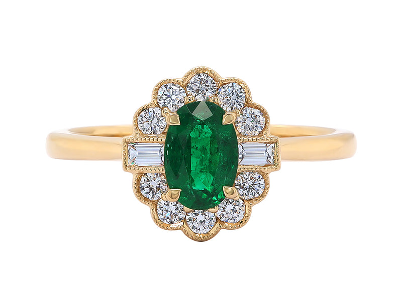 Oval Emerald and Diamond engagement ring flower design  yellow gold  Harrogate Jewellers Fogal and Barnes